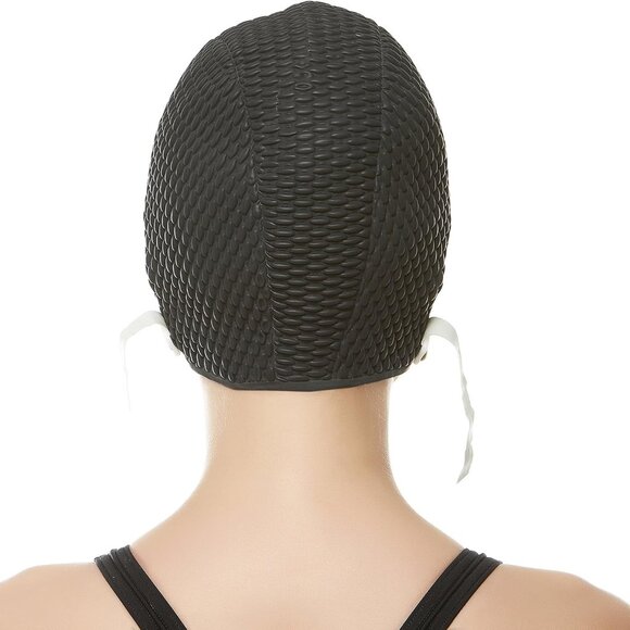 Beemo Swim Cap Women Chin Strap Bubble Crepe Latex Long Short Hair - Black - Picture 3 of 8